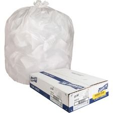 A box of clear garbage bags is sitting next to a large white garbage bag.