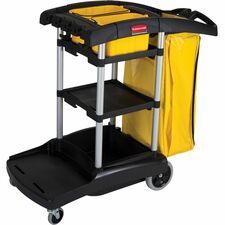 A black and yellow cleaning cart with a yellow bag.