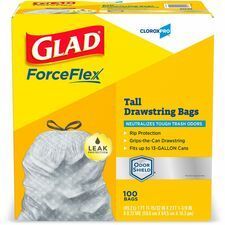 A box of glad forceflex tall drawstring bags.