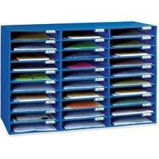 A blue mail sorter filled with lots of papers and books.