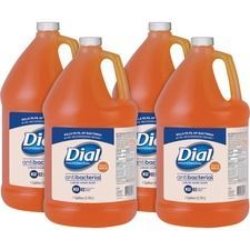 Four gallons of dial antibacterial hand soap are stacked on top of each other.