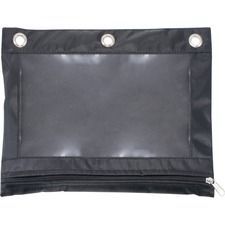 A black pencil case with a clear window and a zipper.