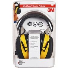 A pair of yellow and black ear protectors in a package.
