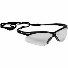 A pair of safety glasses with clear lenses and a black strap.