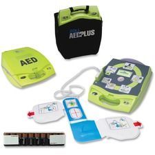 A picture of a defibrillator with batteries and pads.