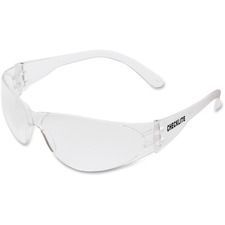 A pair of clear safety glasses on a white background.