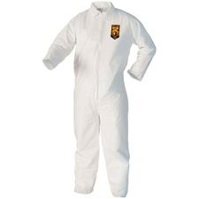 A white coverall with a logo on the front is on a white background.