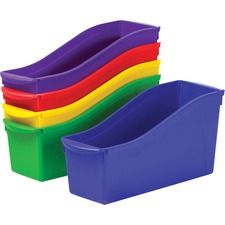 A stack of plastic bins of different colors.