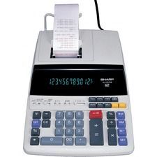 A sharp calculator with a receipt printer attached to it.