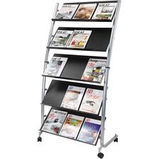 A magazine rack filled with magazines on a white background.