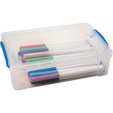 A clear plastic container filled with markers of different colors.