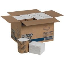 A box of dixie ultra paper towels is sitting on top of a stack of paper towels.