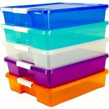 A stack of plastic containers of different colors with handles.