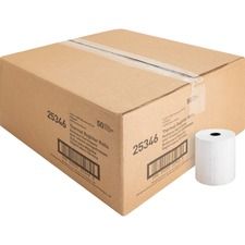 A box of thermal paper rolls is sitting next to a roll of paper towels.