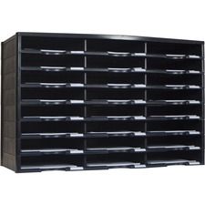 A black shelf with lots of shelves and drawers.