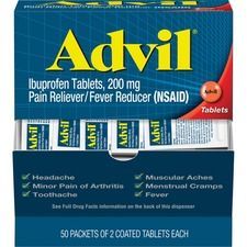 A box of advil ibuprofen tablets 200 mg pain reliever / fever reducer.
