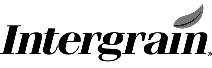 Intergrain logo: Black text with a leaf icon, gray shaded.