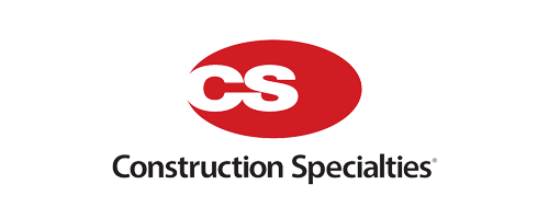 A red and white construction specialties logo on a white background.