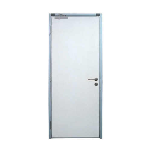 A white door with a stainless steel frame and handle on a white background.