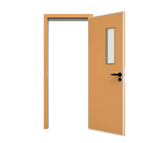 A 3d model of an open door with a small window.