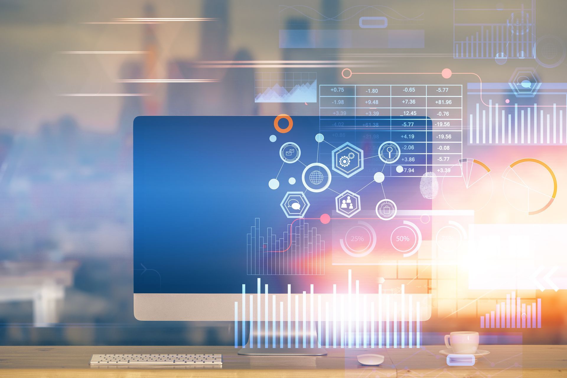 Woman in glasses, at desk, viewing data on computer screens, writing in notepad.