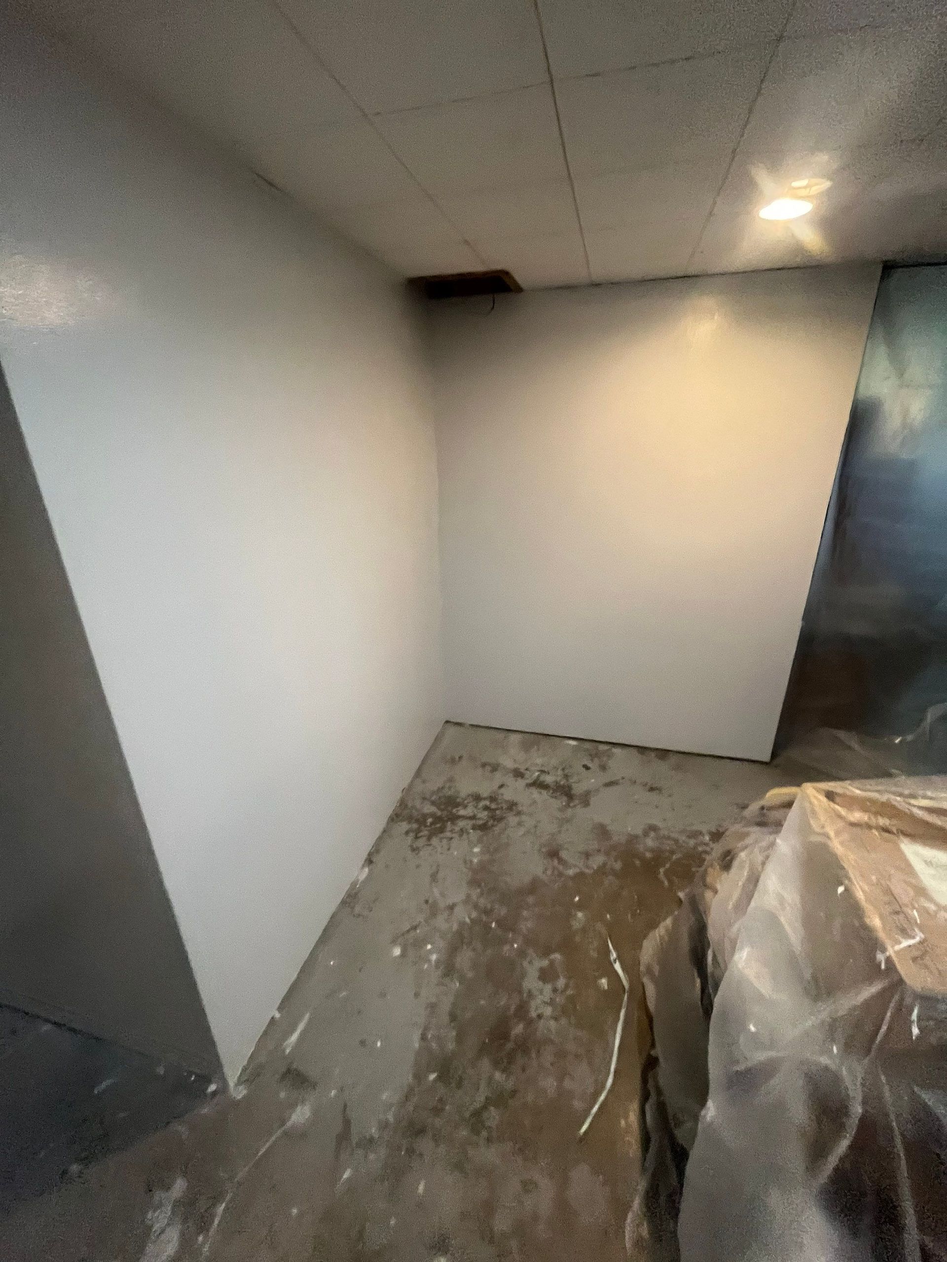 A corner of a room with white walls and a ceiling.