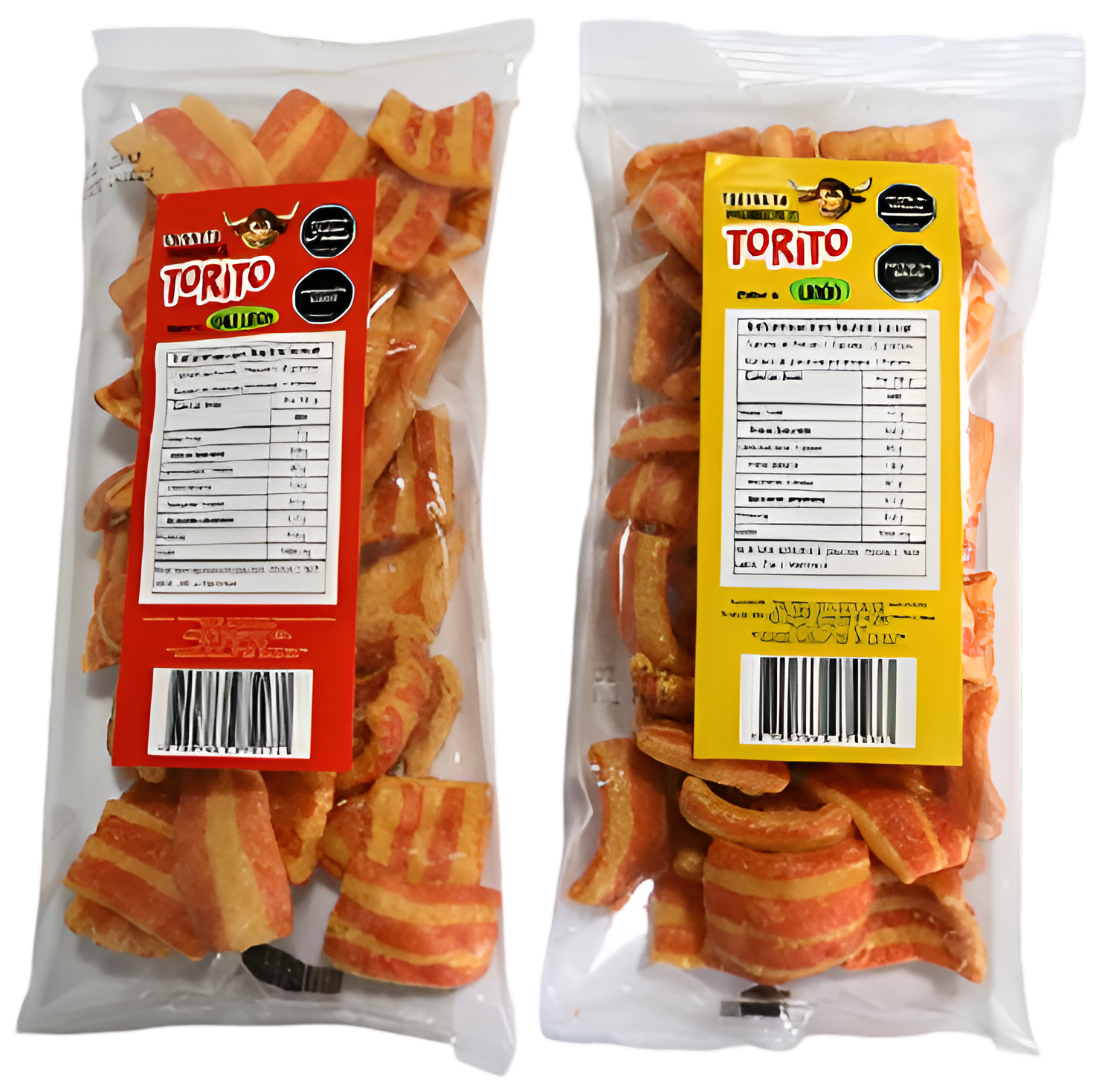 Dos bolsas de torito chips están una al lado de la otra