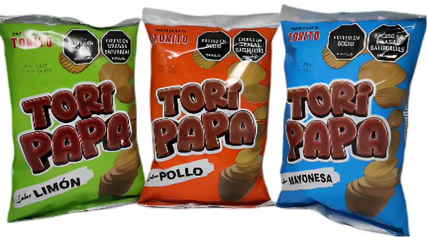 Tres bolsas de tori papa chips en diferentes sabores
