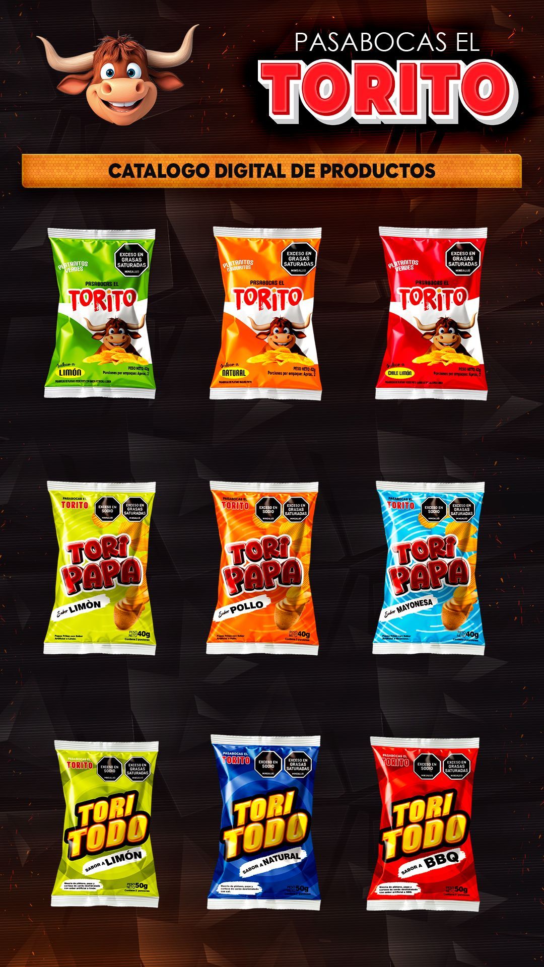 Tres bolsas de chips tori todo están una al lado de la otra sobre un fondo blanco.