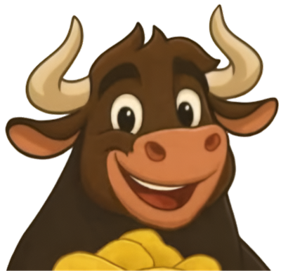 Un toro de dibujos animados sonríe y sostiene un objeto amarillo.