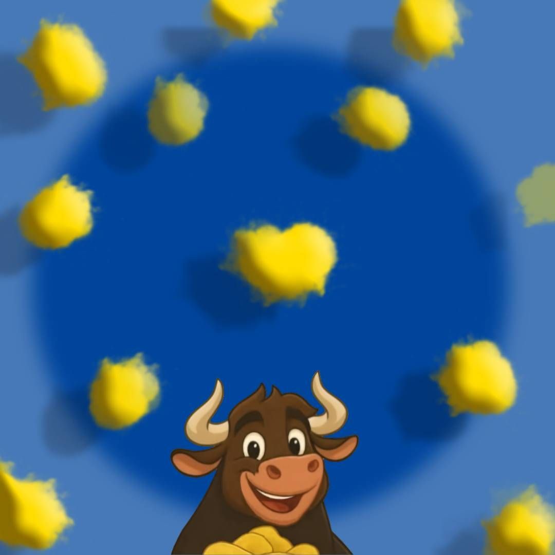 Un toro de dibujos animados está rodeado de corazones amarillos sobre un fondo azul.