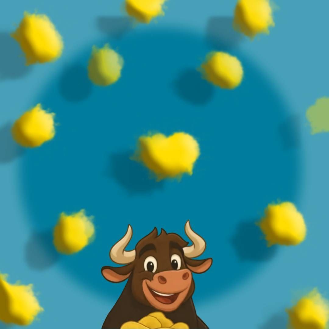 Un toro de dibujos animados está rodeado de estrellas amarillas sobre un fondo azul.