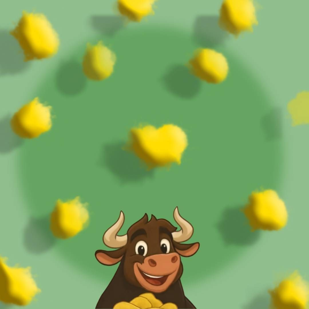 Un toro de dibujos animados está rodeado de estrellas amarillas sobre un fondo verde.