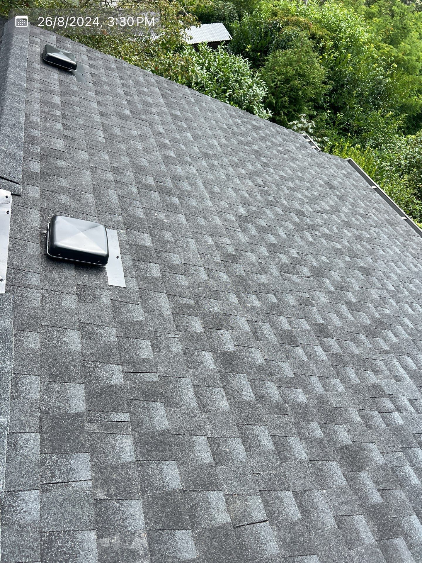 Dark gray asphalt shingle roof with two vents and surrounded by green trees.