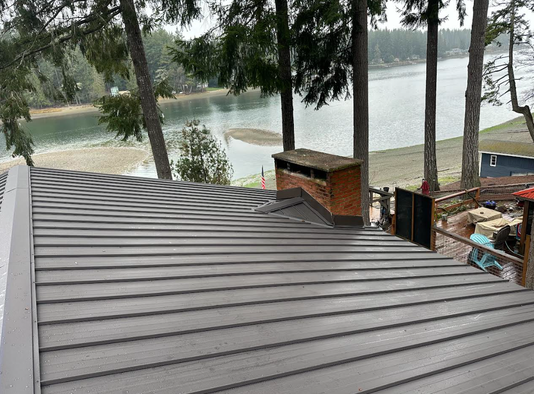 House with metal roof and dormers, set against a backdrop of trees.