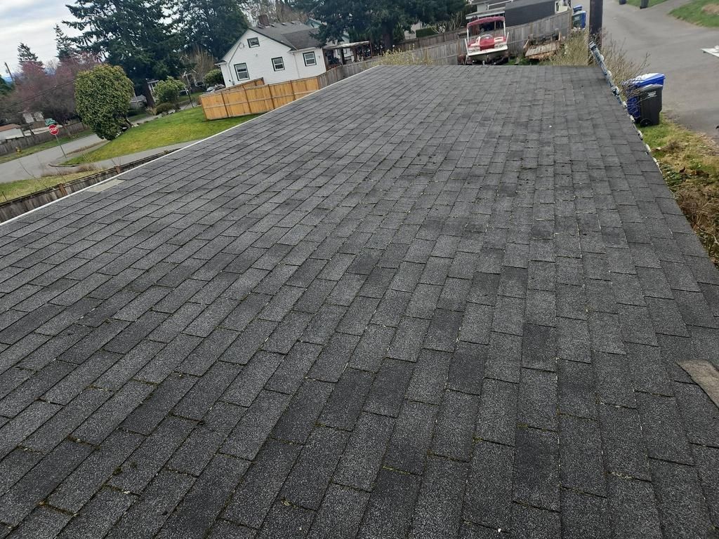 Dark asphalt shingle roof on a residential building. A few buildings are in the background, along with some landscaping.