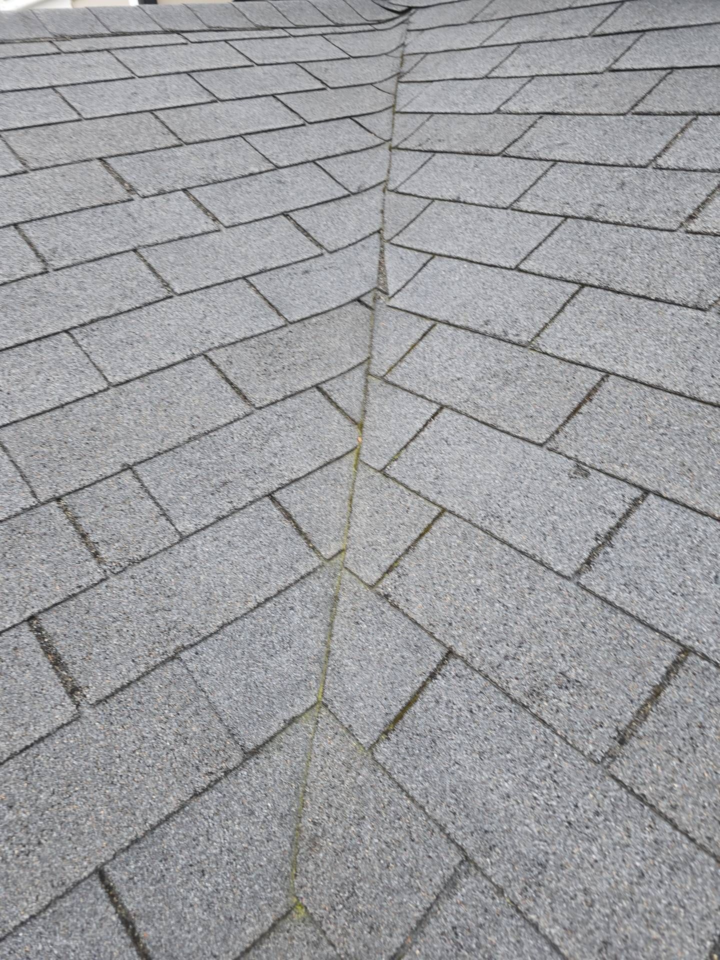 Gray asphalt shingle roof, with a seam running down the center, forming a V-shape.