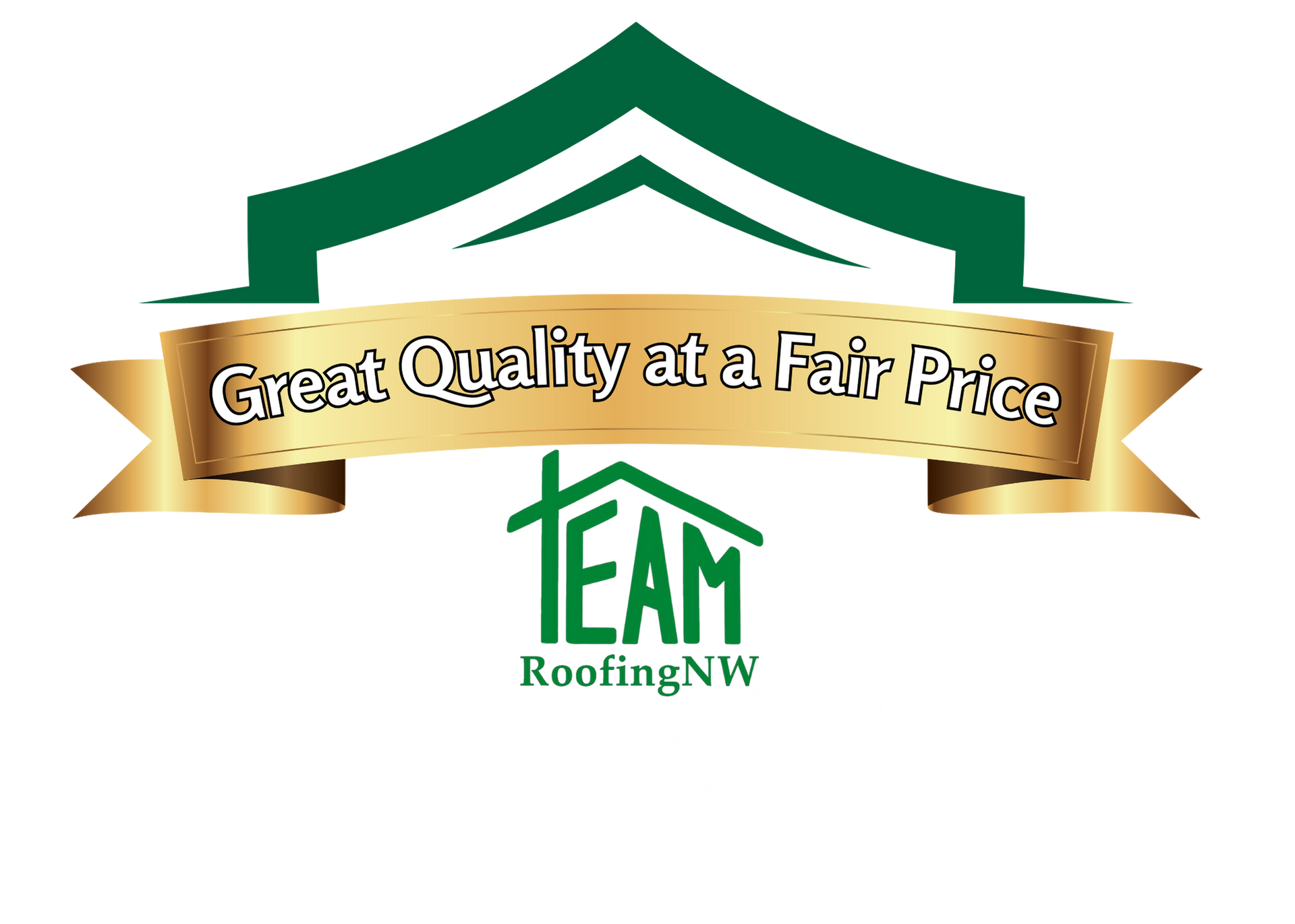 Logo of TEAM Roofing NW: Green roof design above a gold banner with 