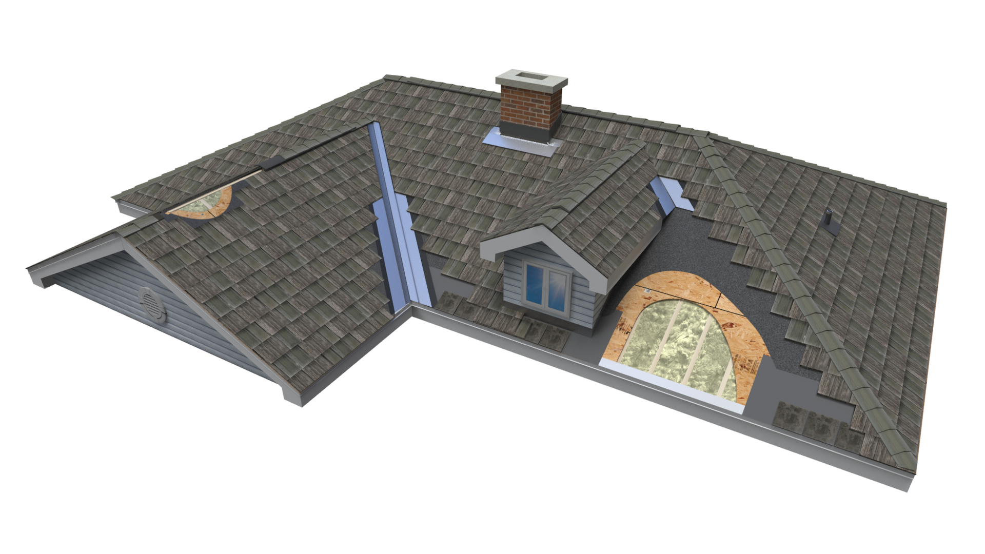 Roof of a house with gray shingles, dormers, and a brick chimney.