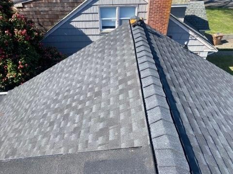 Gray asphalt shingle roof on a house, with a chimney and part of another roof visible.