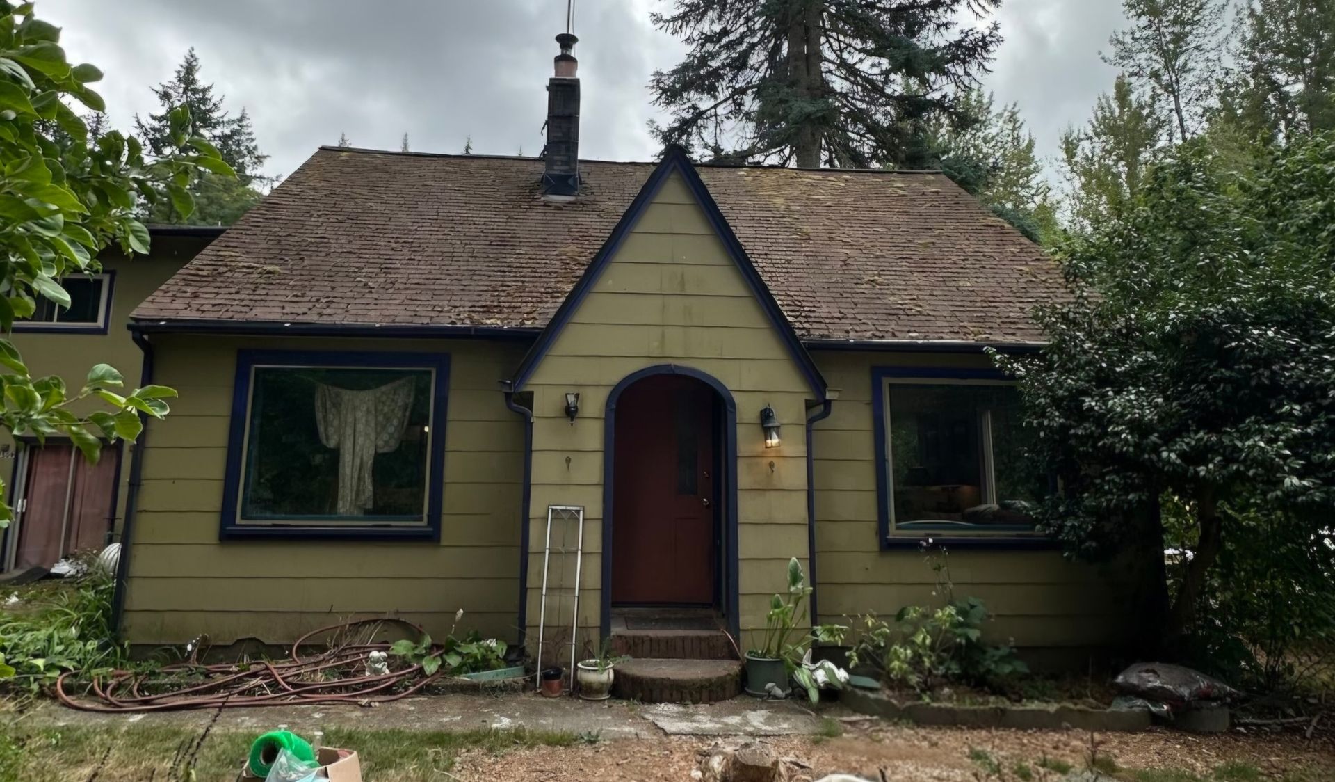 Green house with a brown roof and a small chimney, surrounded by trees.
