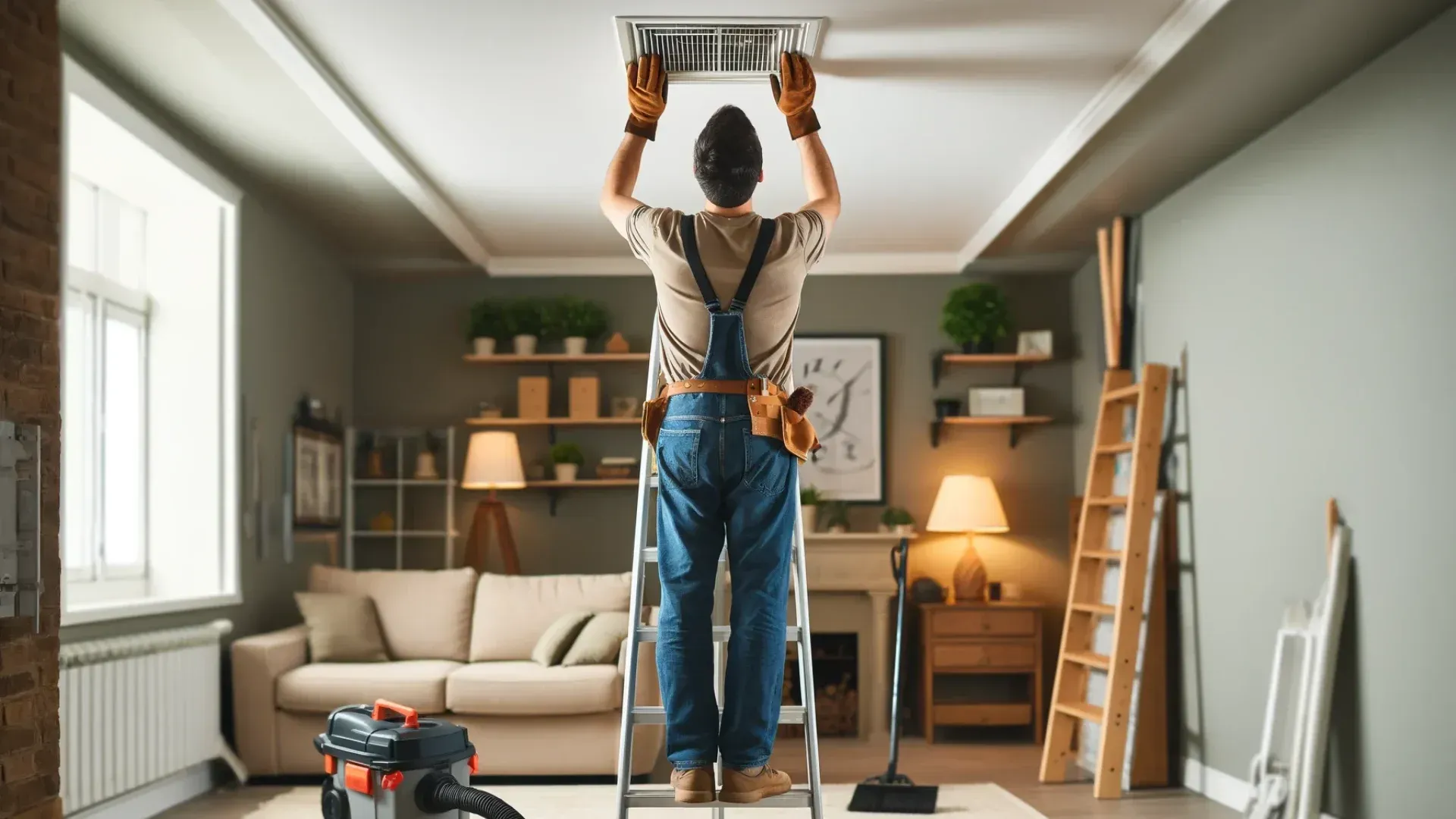 Person on ladder inspecting ceiling vent in a living room.