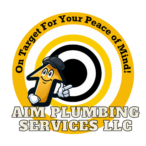 Logo of AIM Plumbing Services LLC: an arrow character wearing a hat and pointing, with the slogan 
