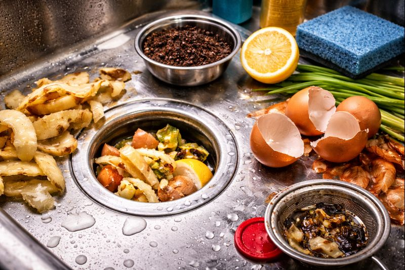 food in garbage disposal and sink