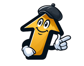 Yellow arrow character wearing a beret, pointing right and smiling.