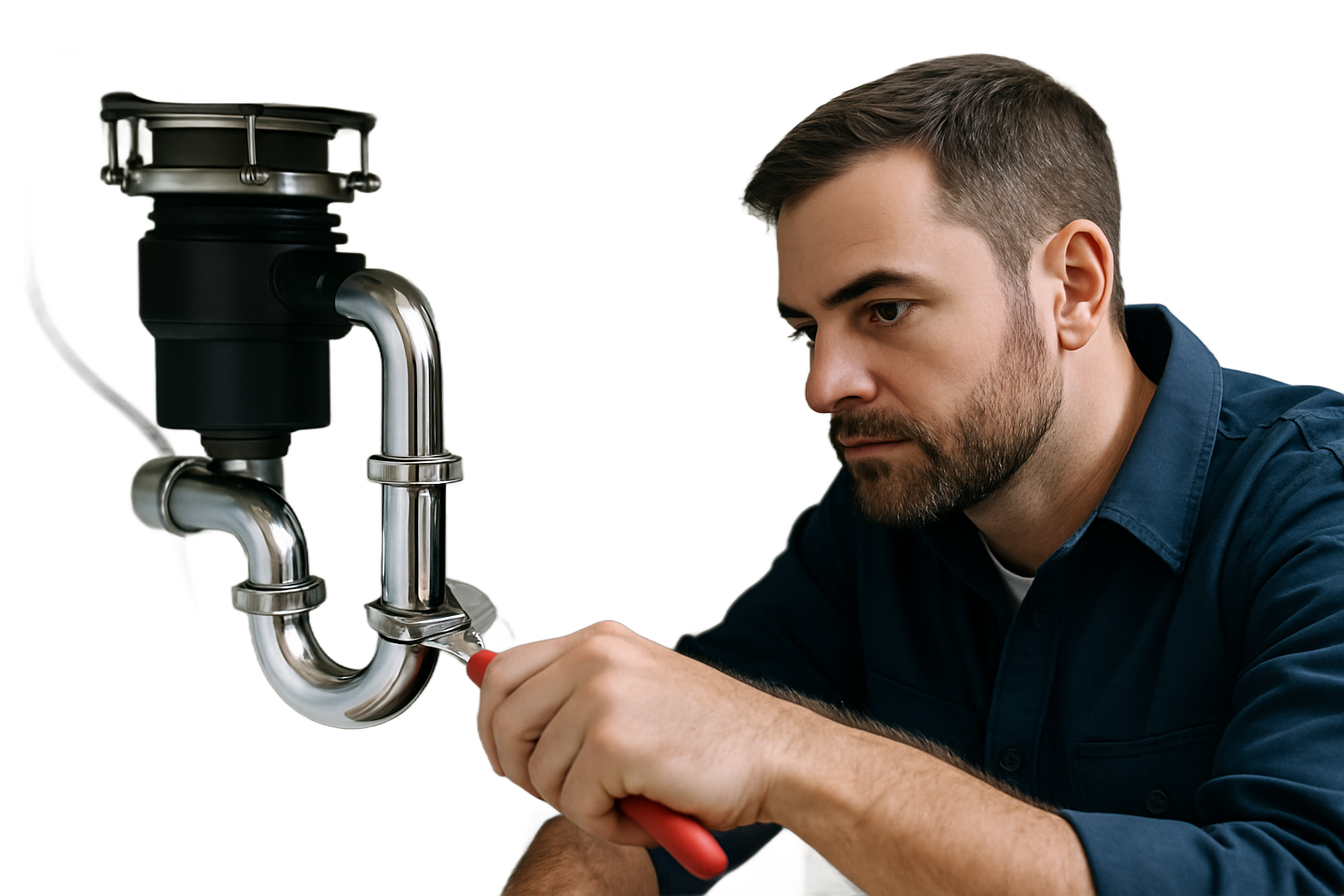 Man with beard using pliers to work on plumbing under a sink.