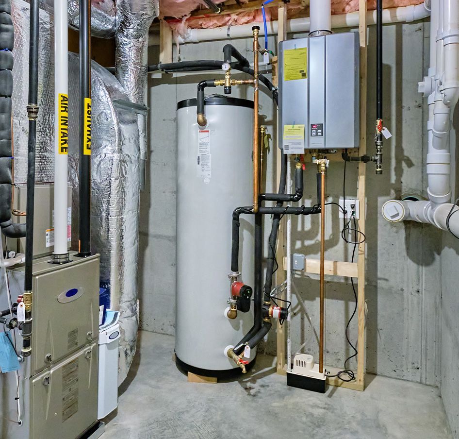 Water heater and furnace in a basement utility room, with pipes and ductwork.