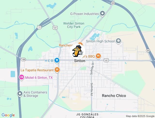 Map of Sinton, Texas, showing streets, businesses like HEB, and landmarks.