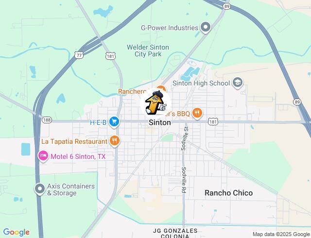 Map of Sinton, Texas, showing streets, businesses like HEB, and landmarks.