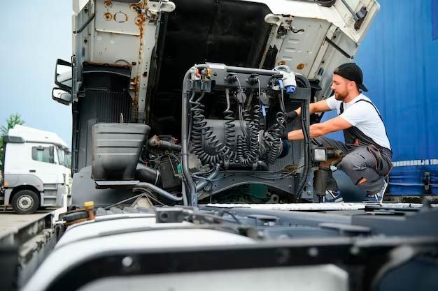 A man is working on the engine of a semi truck.